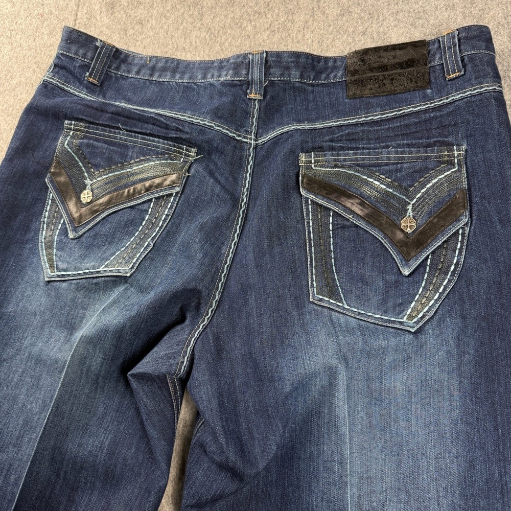 Vintage Raw Blue Jeans Mens 44x32 Embroidered Baggy Wide‎ Leg Y2K Flap Pocket